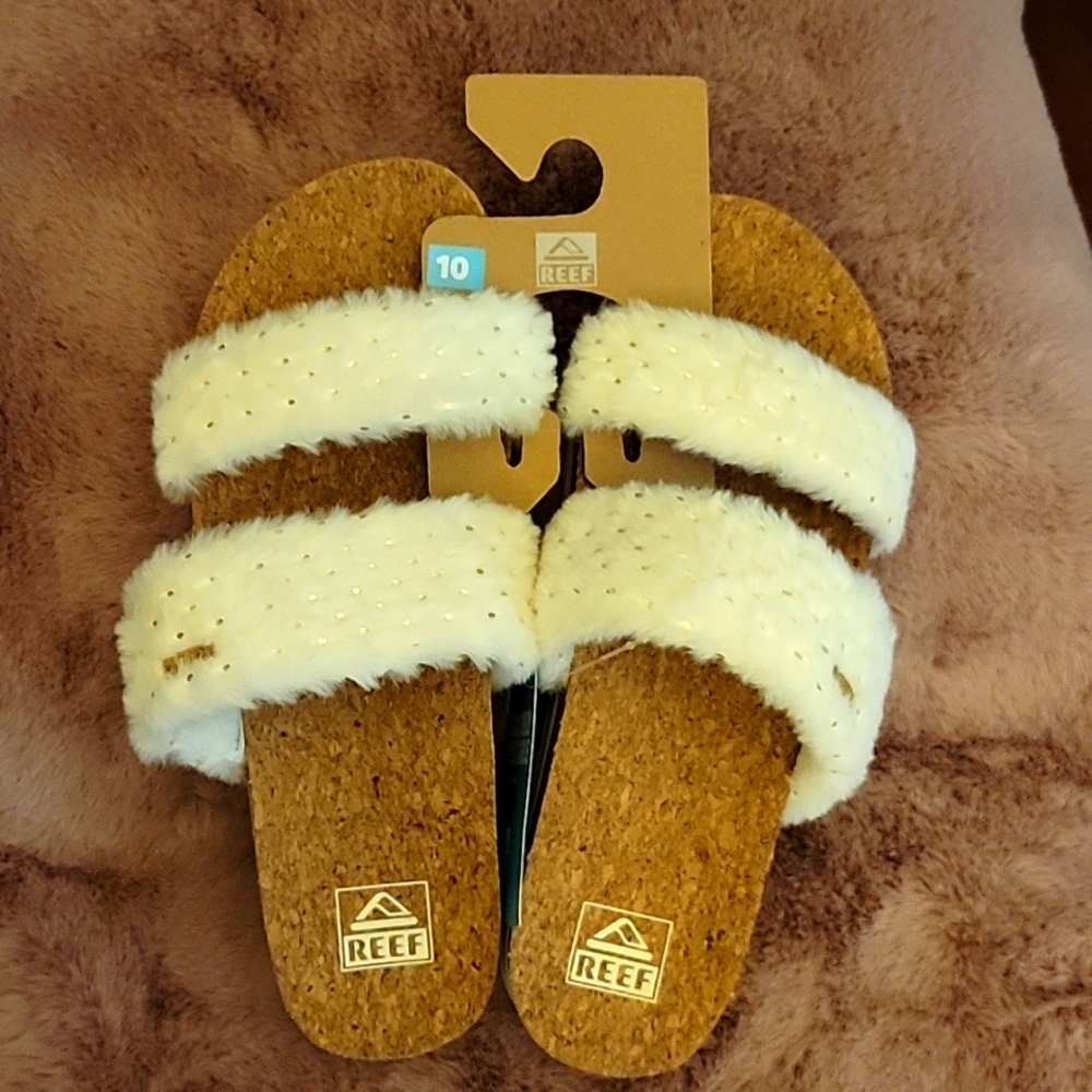 NEW Reef Cushion Vista Fuzzy Cork Slides Faux Fur White Beachy Size 10 - Picture 3 of 10